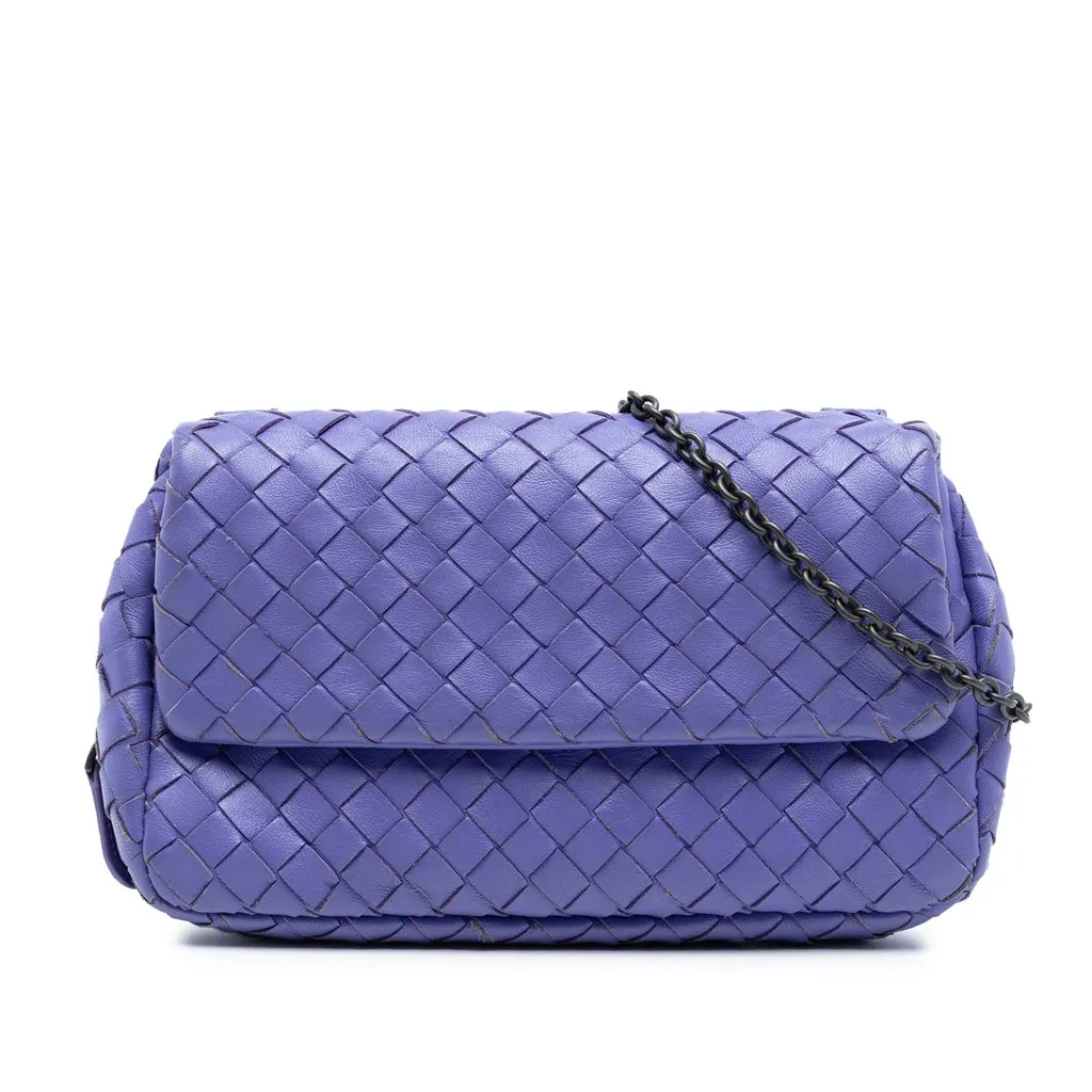 Bottega Veneta Mini Nappa Intrecciato Expandable Chain Flap Crossbody Purple Leather Very good - Front View