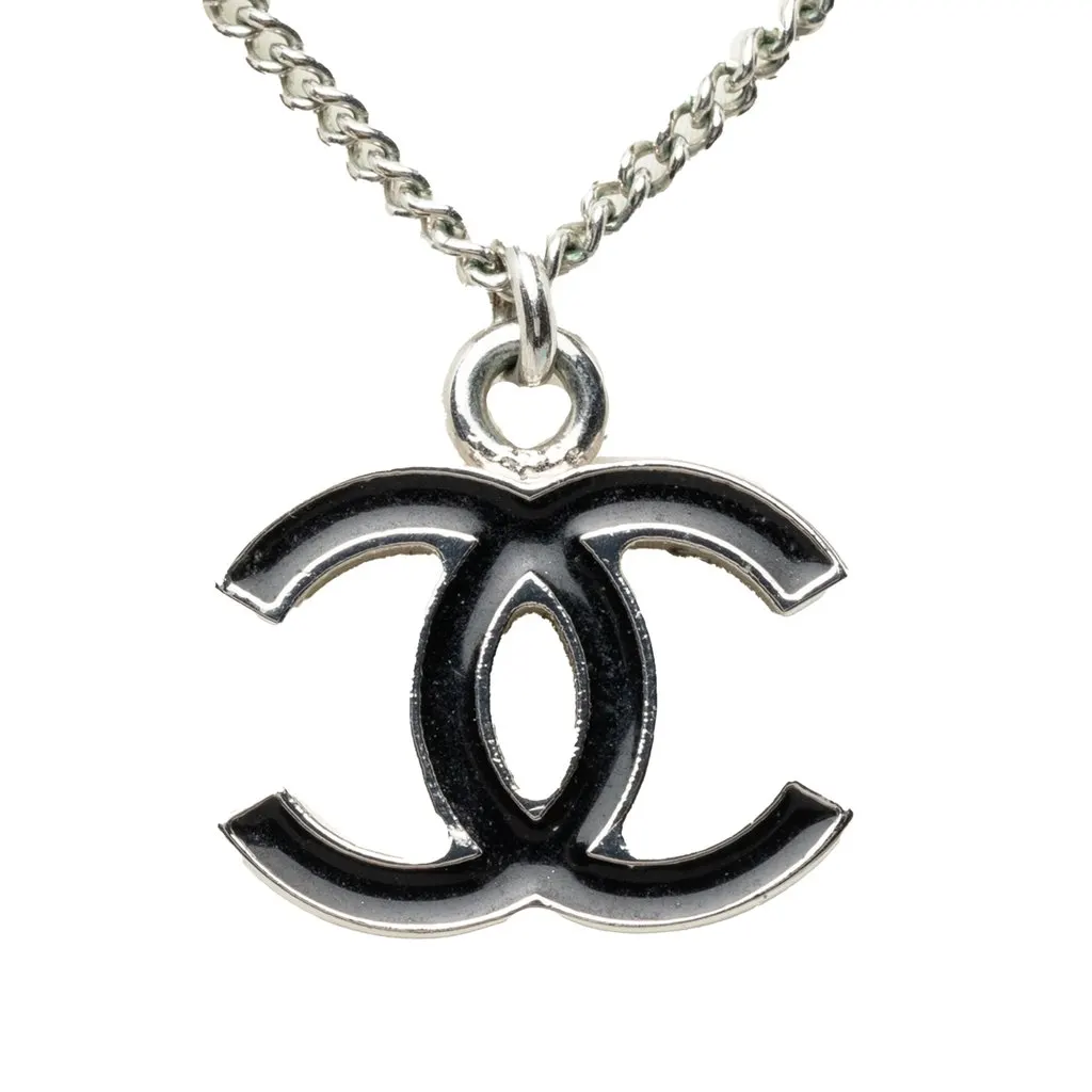 Chanel CC Brass and Enamel Pendant Necklace Silver Metal Very good - Back View