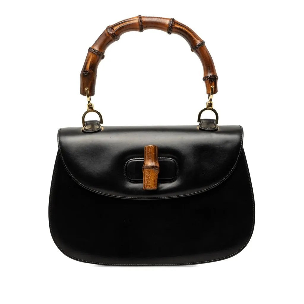 Gucci Calfskin Bamboo Night Black Leather Good - Front View