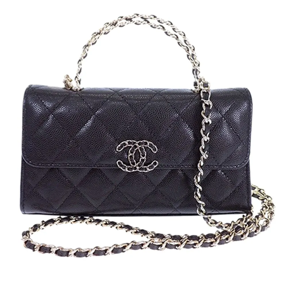 Chanel Caviar Coco First Flap Phone Holder with Chain Black Leather Very good - Front View