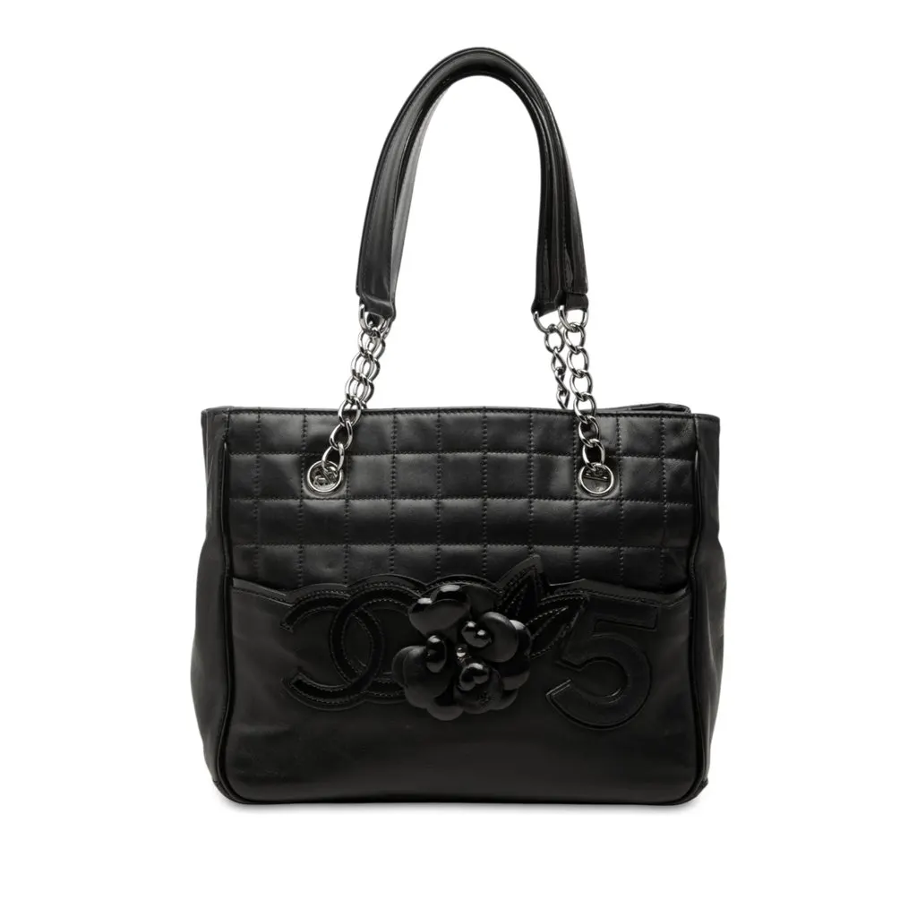 Chanel CC Choco Bar Lambskin Camellia No 5 Tote Black Leather Very good - Front View