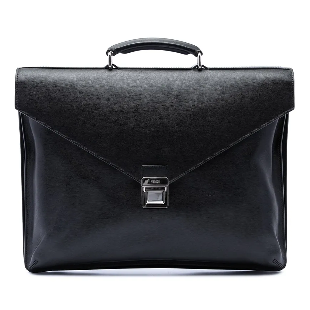 Fendi Leather Envelope Briefcase Black Leather Good - Front View