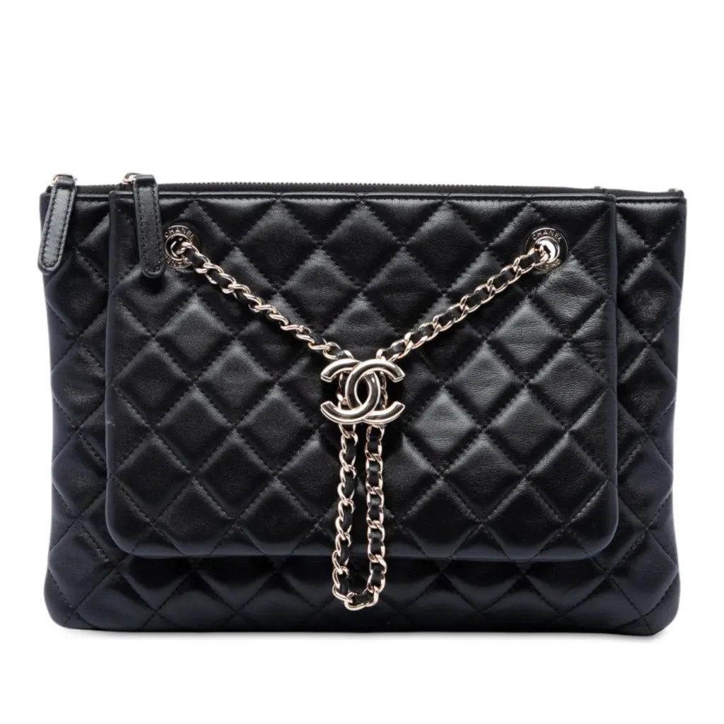Chanel CC Quilted Lambskin Double Zip Crossbody Black Leather Very good - Front View