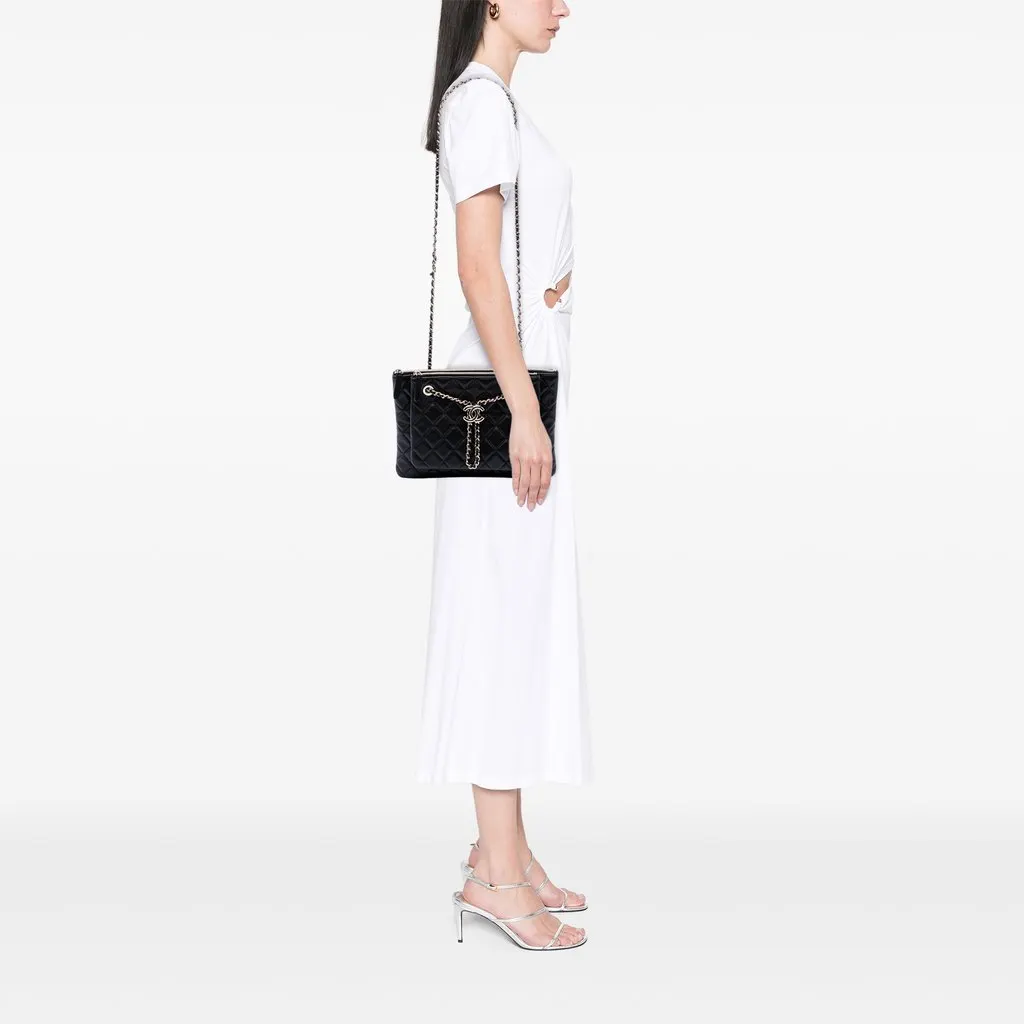 Chanel CC Quilted Lambskin Double Zip Crossbody Black Medium
