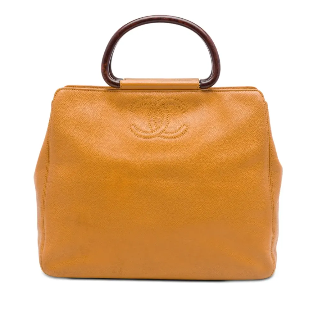 Chanel CC Caviar Wood Top Handle Tote Yellow Leather Very good - Front View