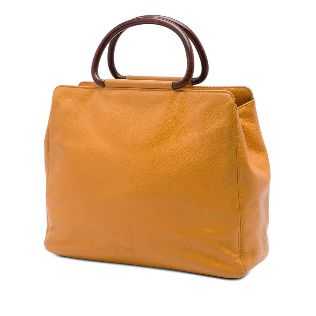 Chanel CC Caviar Wood Top Handle Tote Yellow Leather Very good - Back View