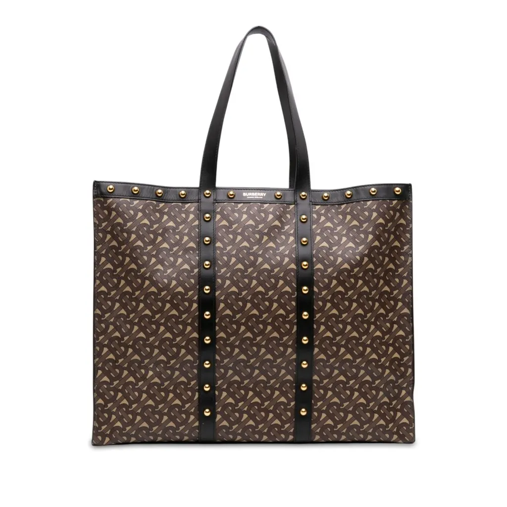 Burberry TB Monogram E Canvas and Studded Leather Horizontal Tote Brown Canvas Good - Front View