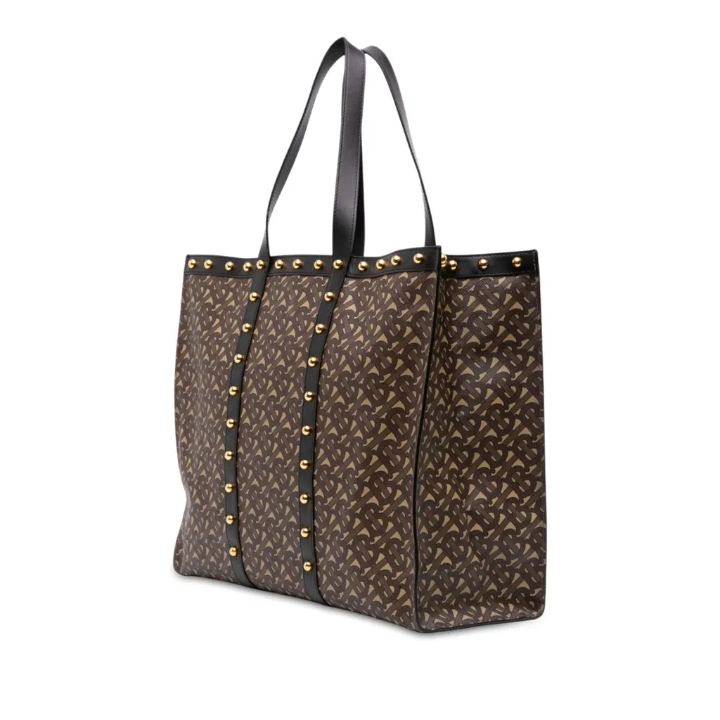 Burberry TB Monogram E Canvas and Studded Leather Horizontal Tote Brown Canvas Good - Back View