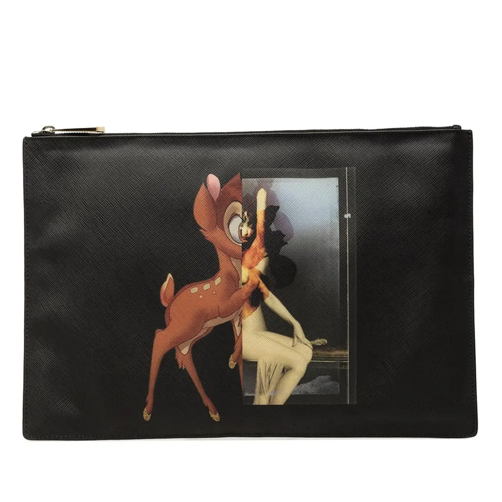 Givenchy Bambi Printed Leather Zip Clutch Black Leather Very good - Front View