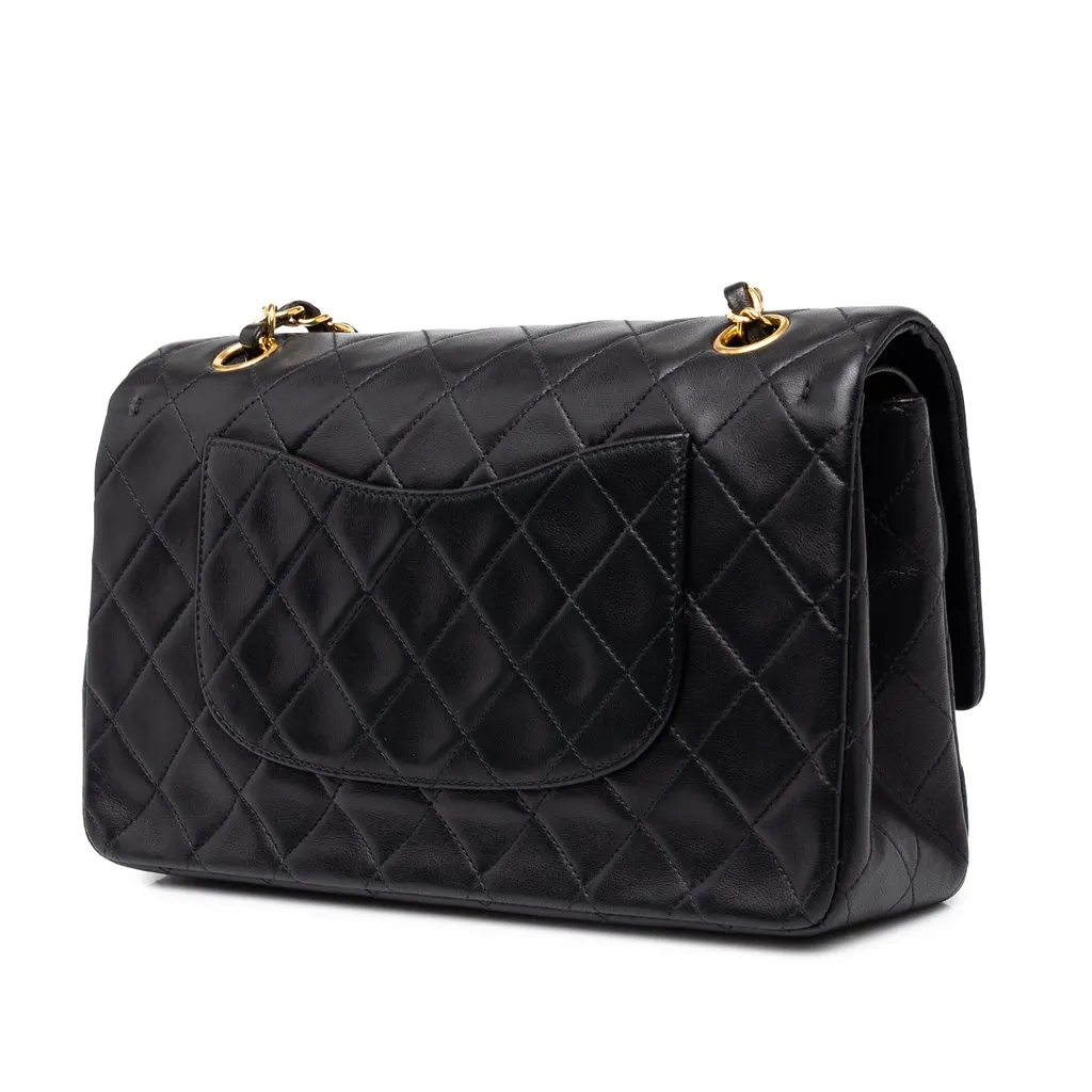 Chanel Medium Classic Lambskin Double Flap Black Leather Good - Back View
