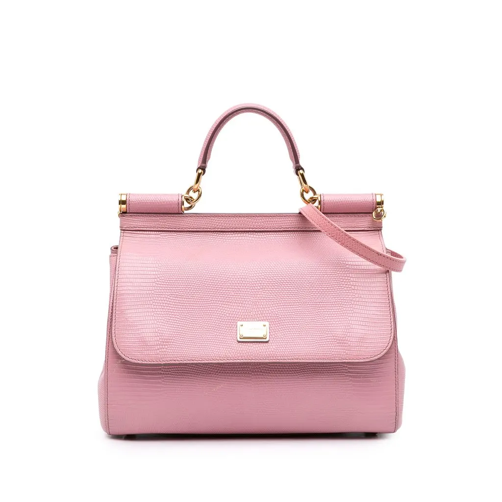 Dolce & Gabbana Medium Lizard Embossed Calfskin Miss Sicily Satchel Pink Leather Good - Front View