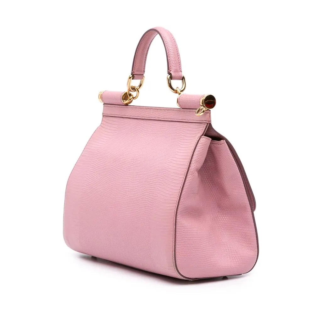 Dolce & Gabbana Medium Lizard Embossed Calfskin Miss Sicily Satchel Pink Leather Good - Back View