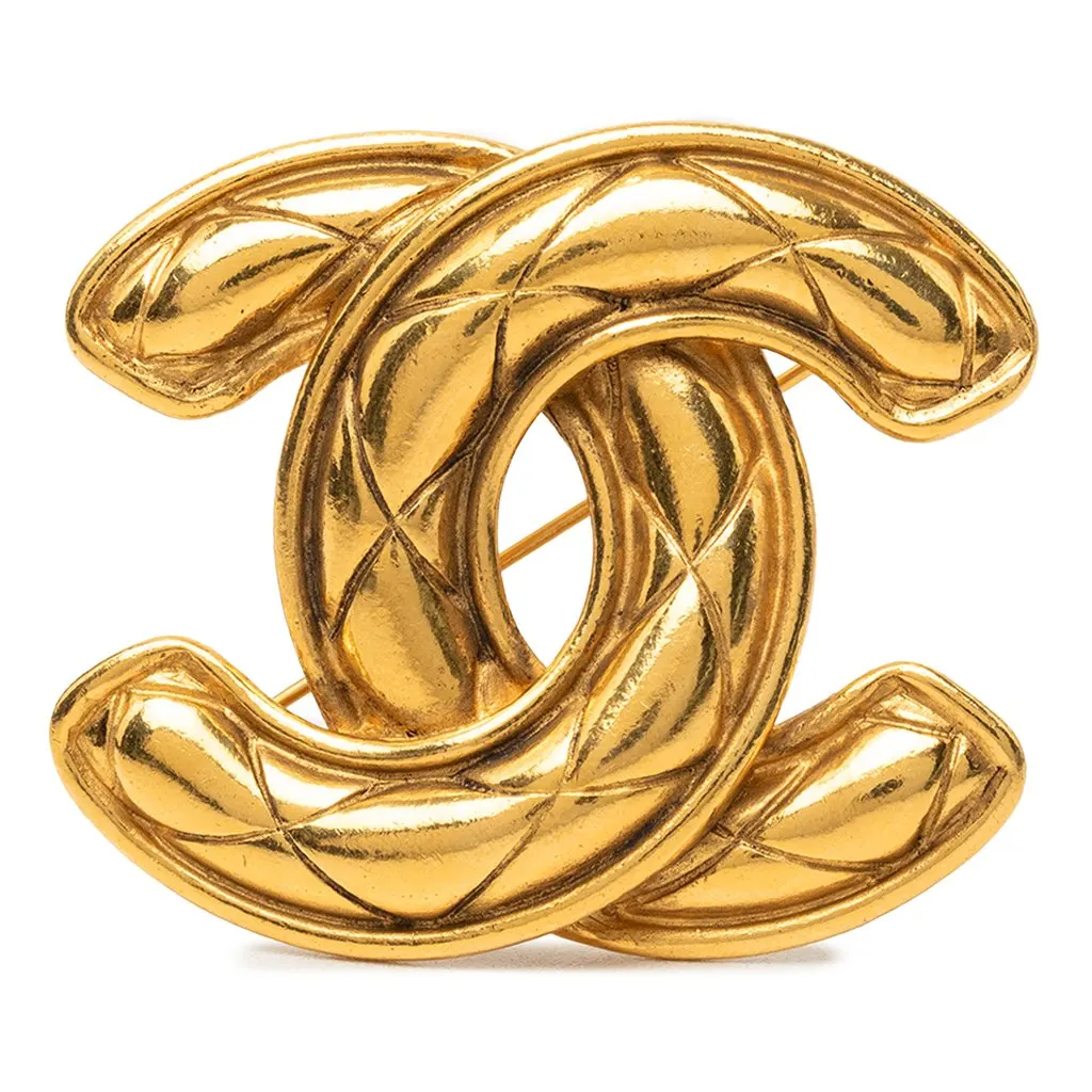 Chanel Gold Plated Quilted CC Brooch Gold Metal Very good - Front View