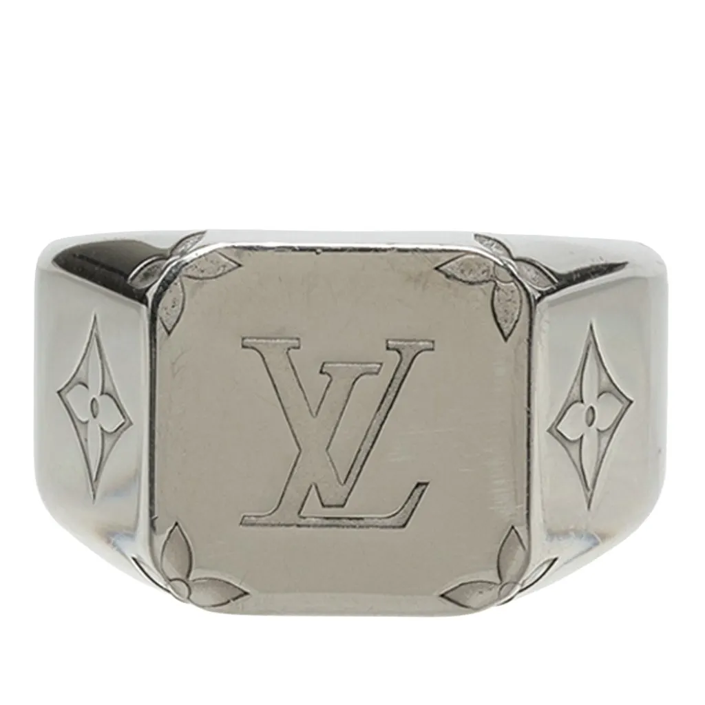 Louis Vuitton Brass Monogram Signet Ring Silver Brass Very good - Front View