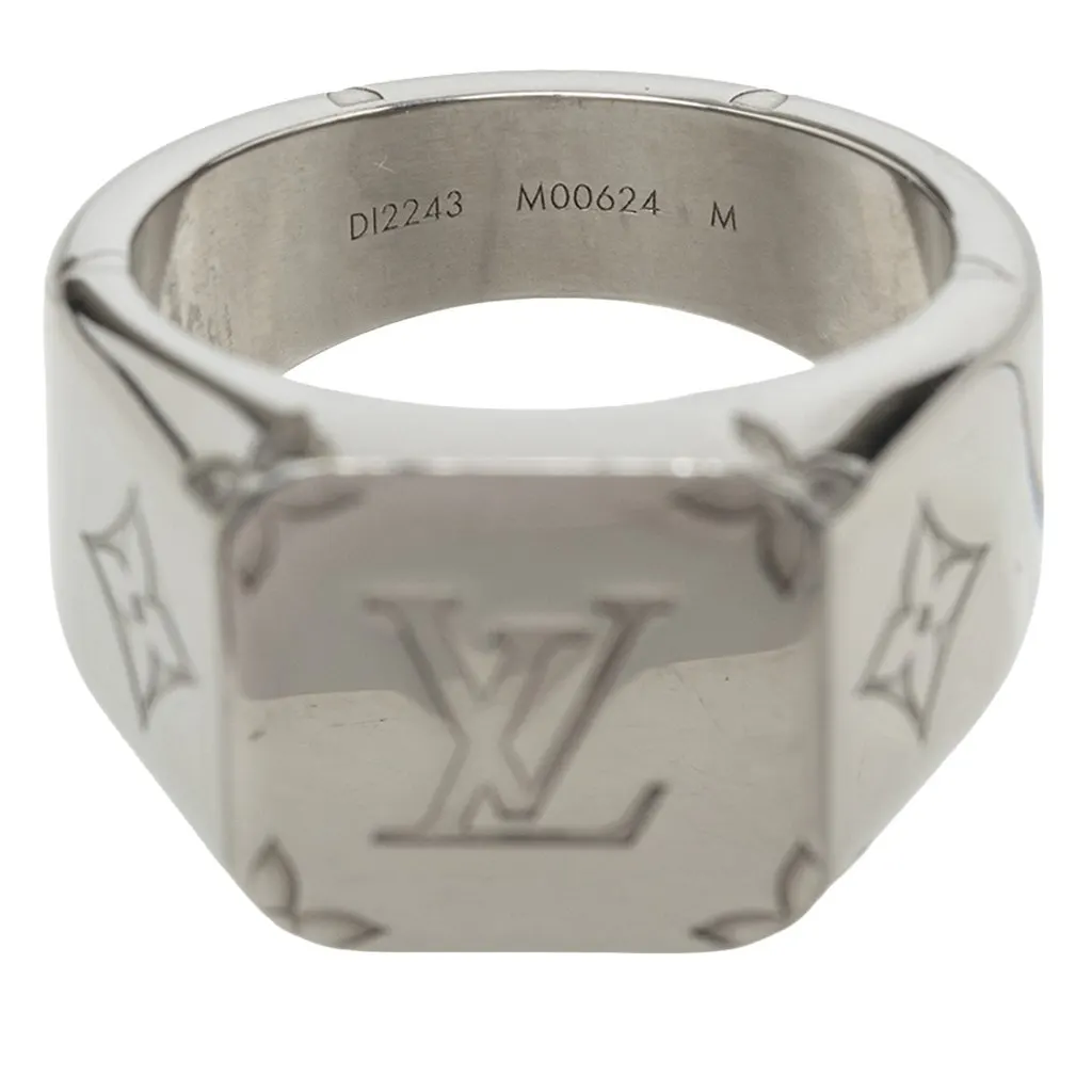 Louis Vuitton Brass Monogram Signet Ring Silver Brass Very good - Box View