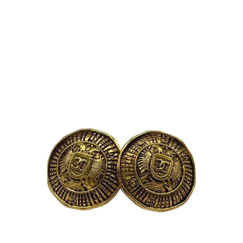 Chanel CC Gold Plated Round Crest Clip On Earrings Gold Metal Very good - Back View