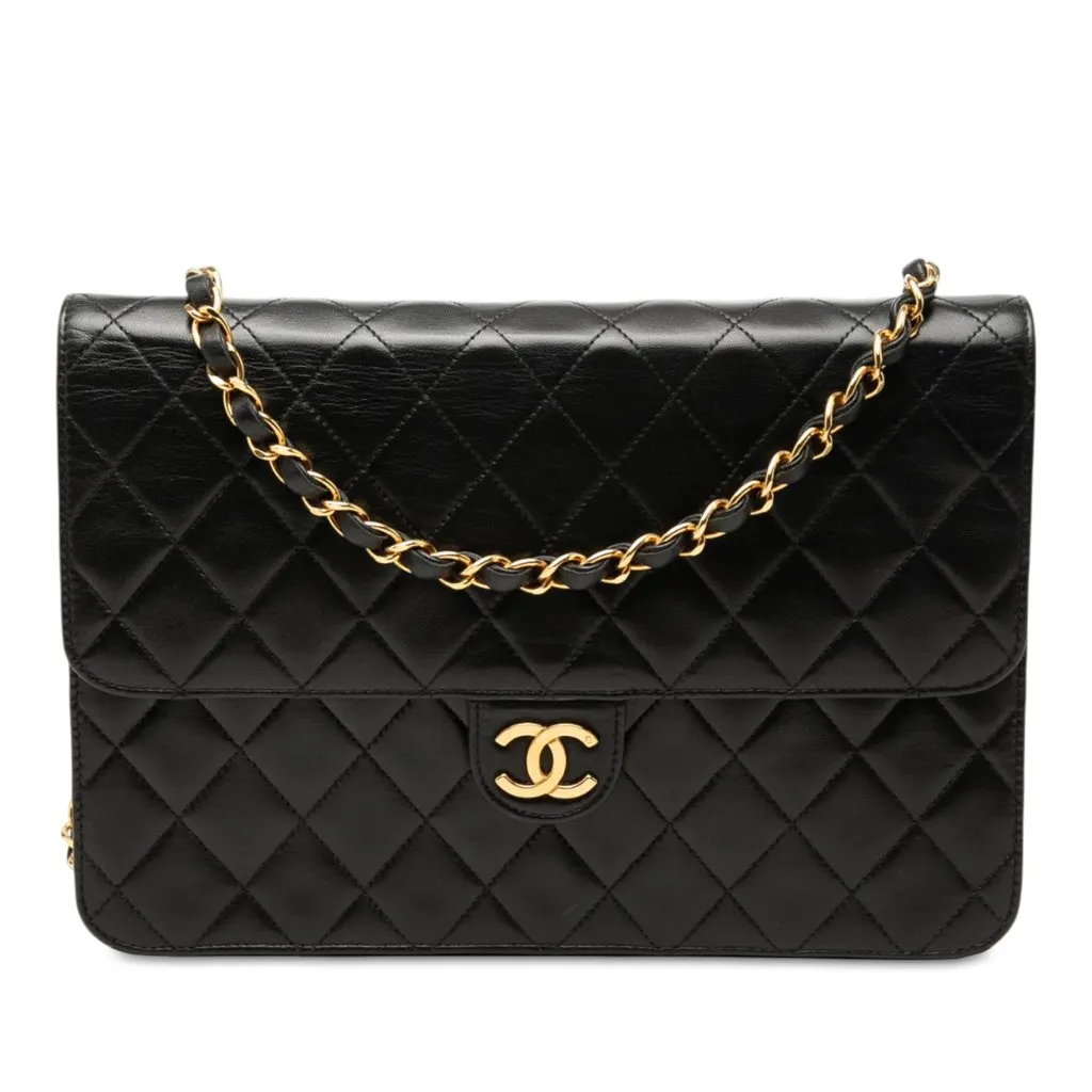 Chanel Medium CC Quilted Lambskin Single Flap Black Leather Good - Front View