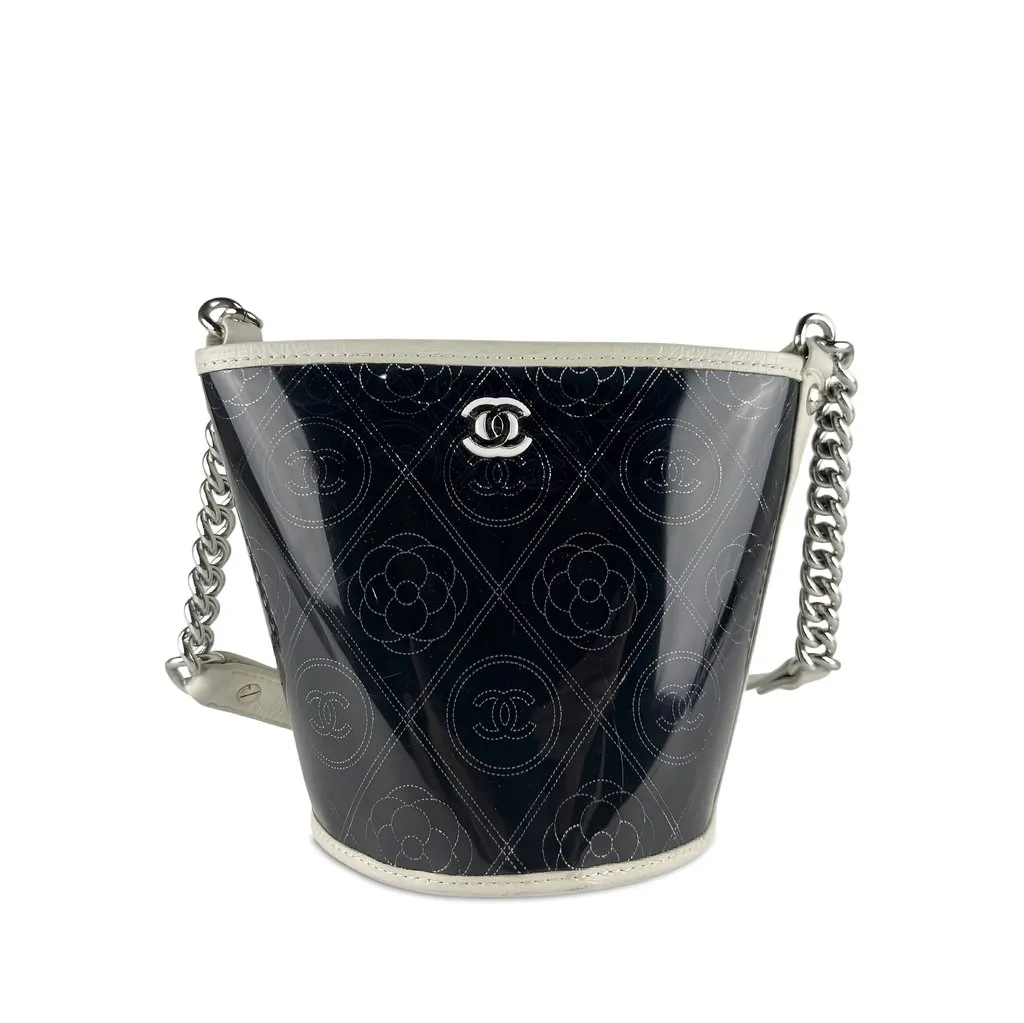 Chanel Small PVC and Crumpled Calfskin Camellia Coco Bucket Bag Black Plastic Very good - Front View