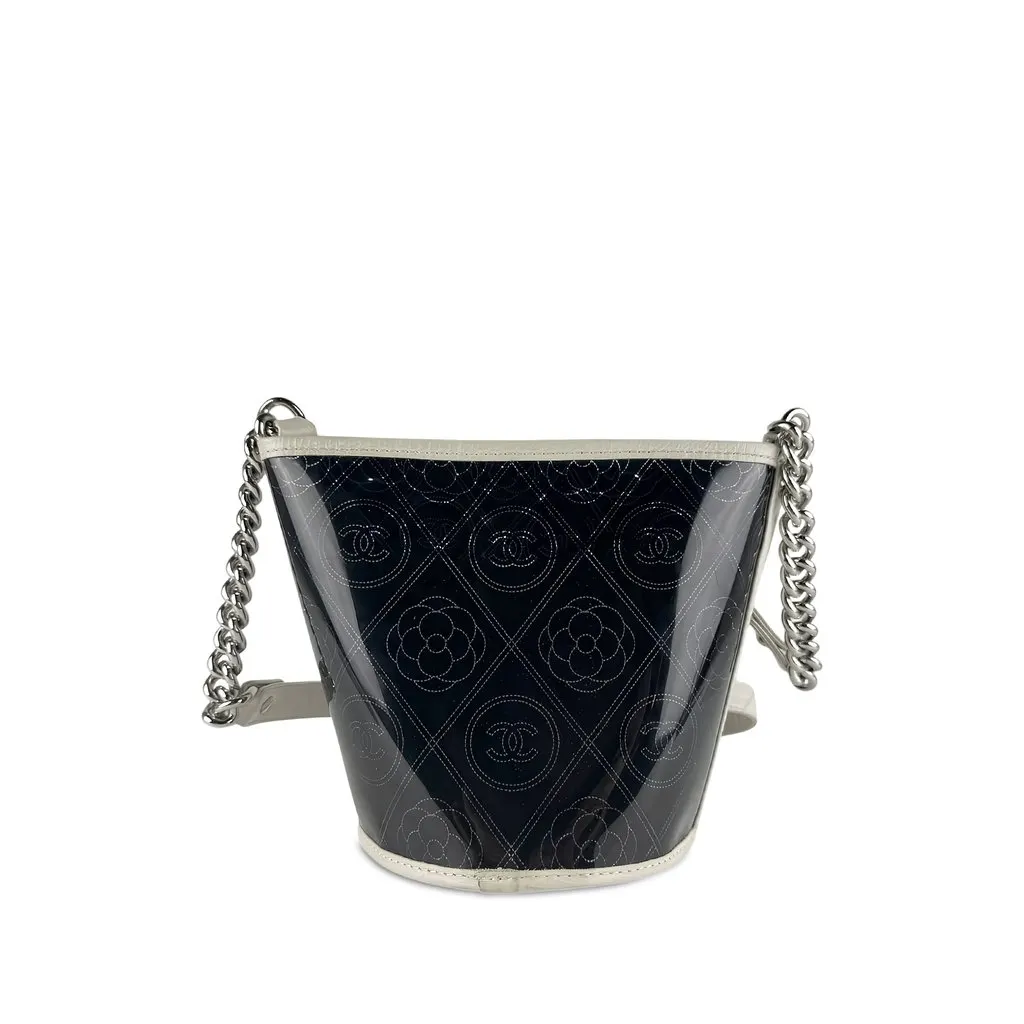 Chanel Small PVC and Crumpled Calfskin Camellia Coco Bucket Bag Black Plastic Very good - Back View