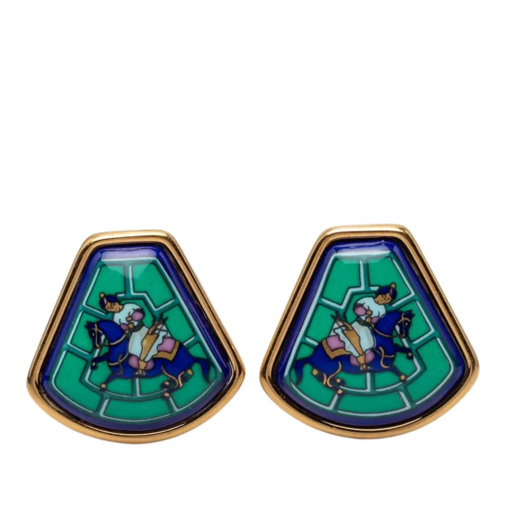 Hermès Enamel Jockey Cloisonne Clip On Earrings Green Very good - Front View