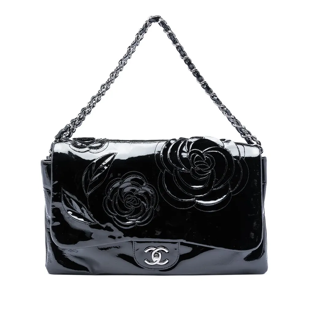 Chanel Patent Camellia Flap Bag Black Leather Good - Front View