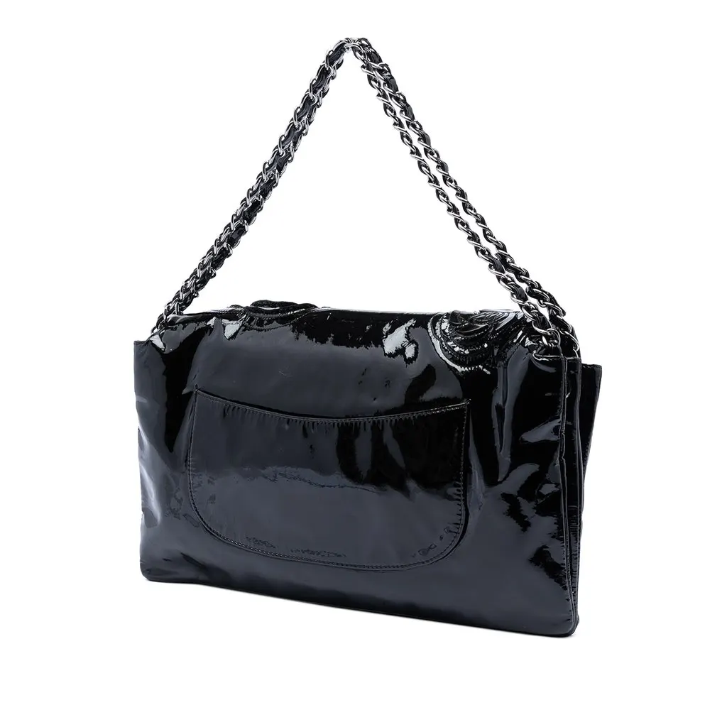 Chanel Patent Camellia Flap Bag Black Leather Good - Back View