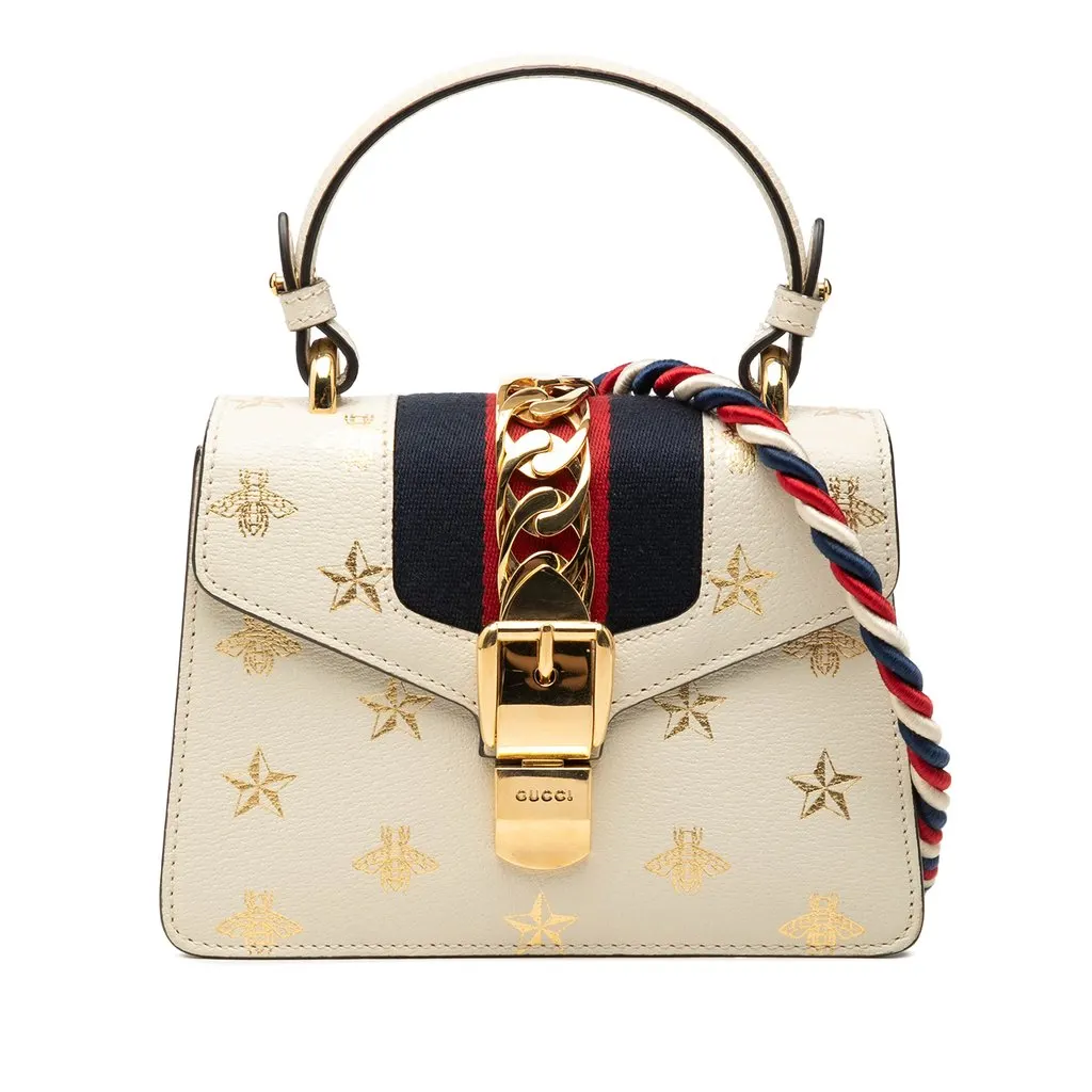 Gucci Mini Calfskin Bee Star Web Sylvie Top Handle Bag White Leather Very good - Front View