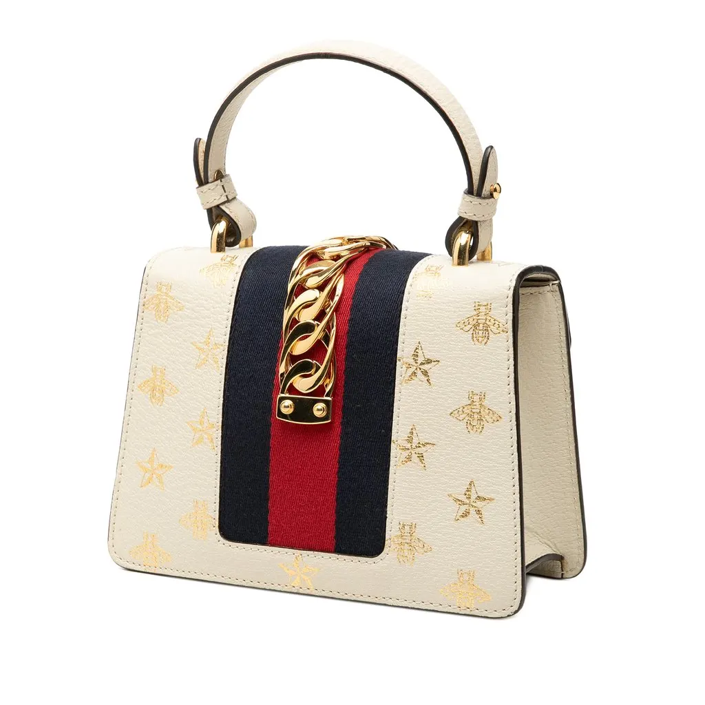 Gucci Mini Calfskin Bee Star Web Sylvie Top Handle Bag White Leather Very good - Back View
