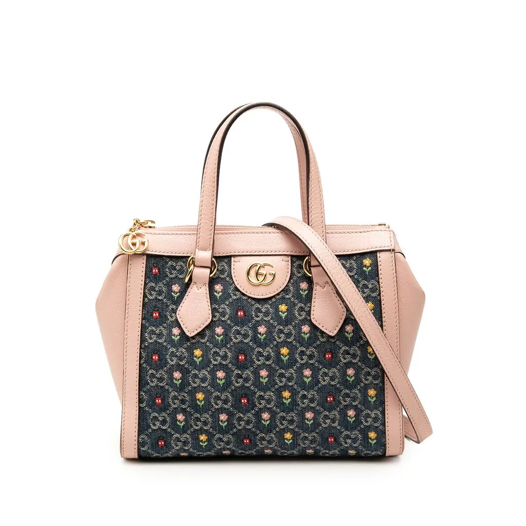 Gucci Small GG Denim Embroidery Ophidia Satchel Blue Very good - Front View