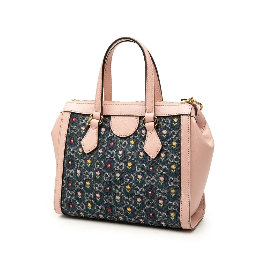 Gucci Small GG Denim Embroidery Ophidia Satchel Blue Very good - Back View