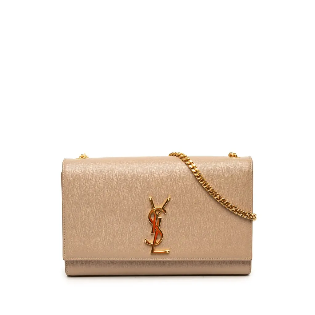 Saint Laurent Medium Grain De Poudre Monogram Kate Crossbody Beige Leather Good - Front View