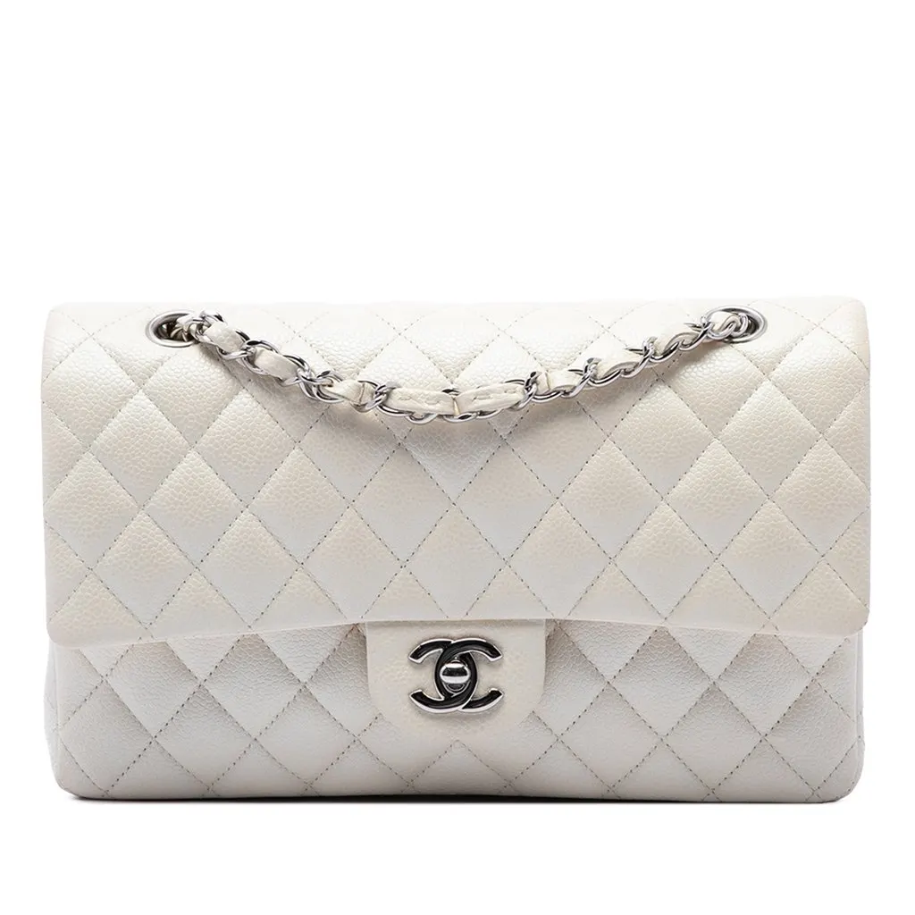 Chanel Medium Classic Caviar Double Flap White Leather Good - Front View