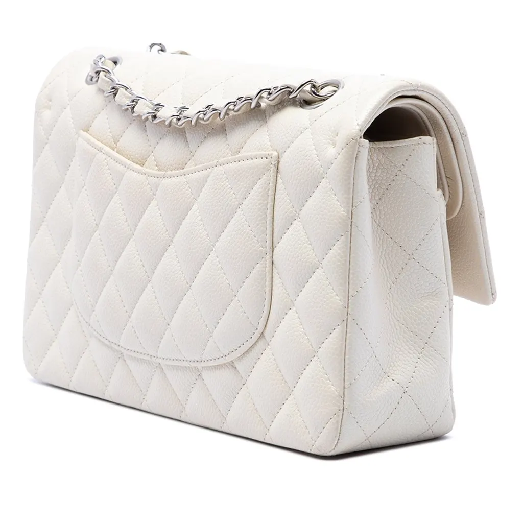 Chanel Medium Classic Caviar Double Flap White Leather Good - Back View