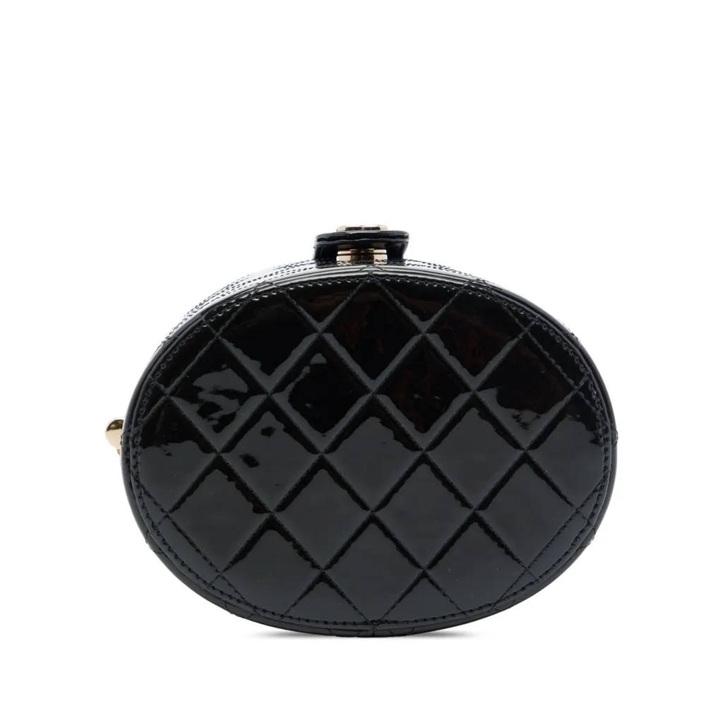 Chanel CC Quilted Patent Round Vanity Clutch With Chain Black Leather Good - Inside View