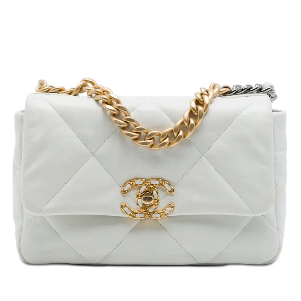 Chanel Medium Lambskin 19 Flap White Leather Very good - Front View