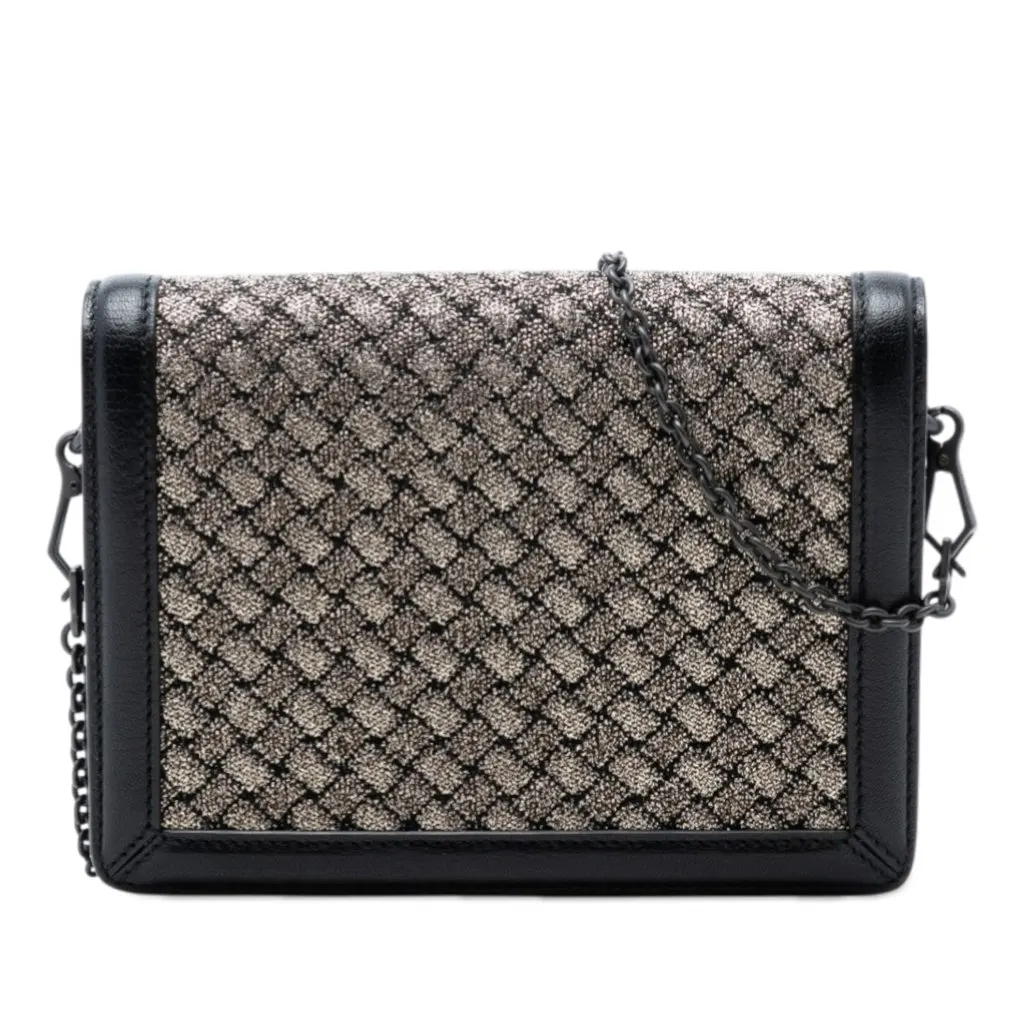 Bottega Veneta Mini Leather and Metallic Knit Intrecciato Montebello Crossbody Black Polyester Very good - Front View