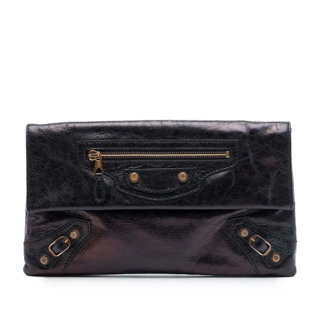 Balenciaga Lambskin Motocross Giant 12 Envelope Clutch Black Leather Very good - Front View