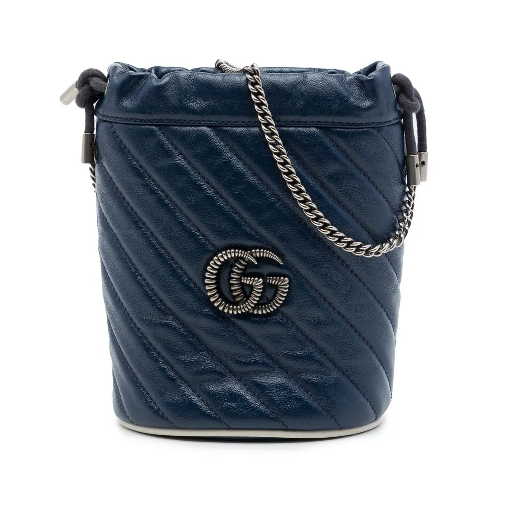 Gucci Mini GG Marmont Matelasse Diagonal Leather Torchon Bucket Bag Blue Leather Very good - Front View