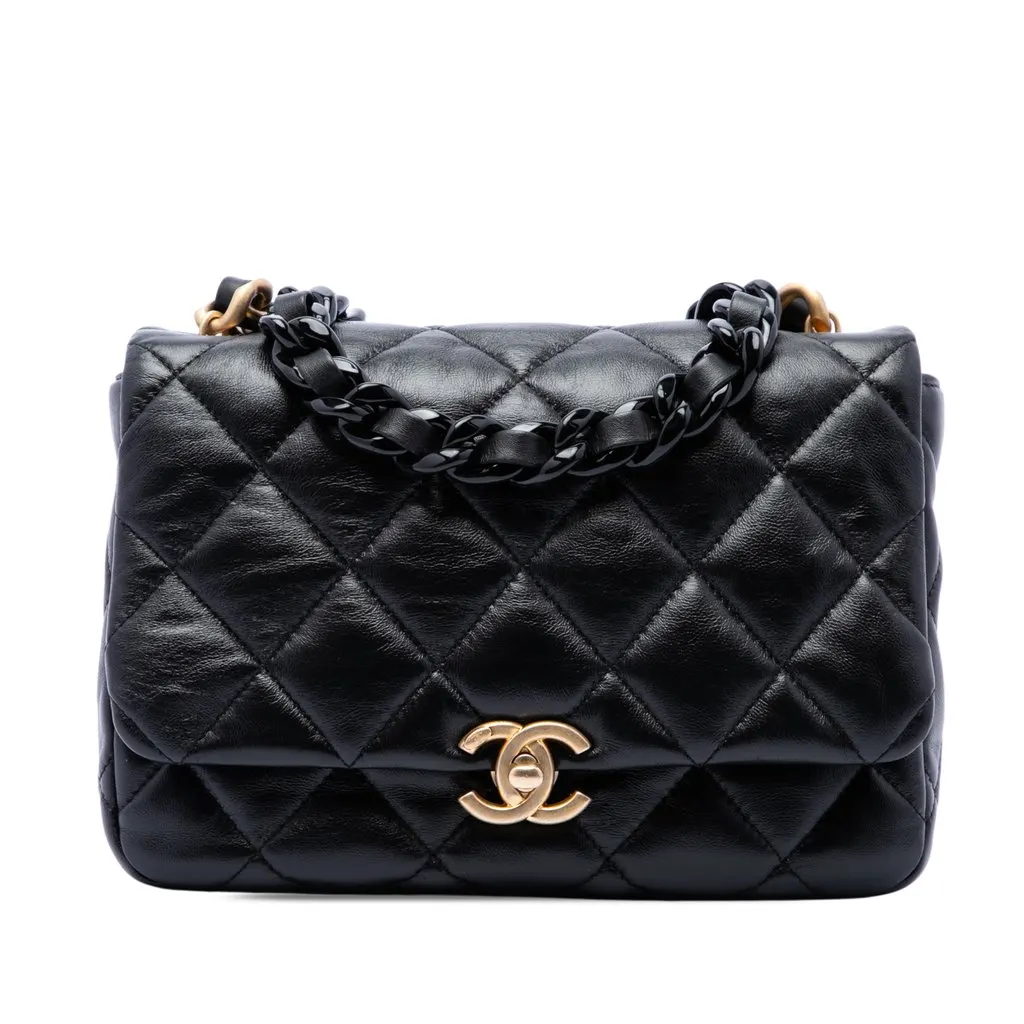 Chanel Small Quilted Lambskin Lacquered Chain Flap Black Leather Very good - Front View