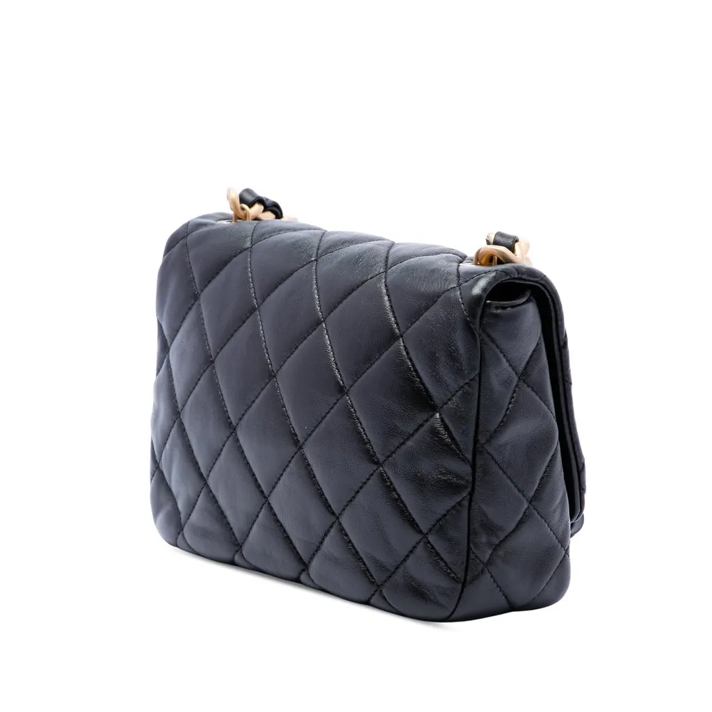 Chanel Small Quilted Lambskin Lacquered Chain Flap Black Leather Very good - Back View