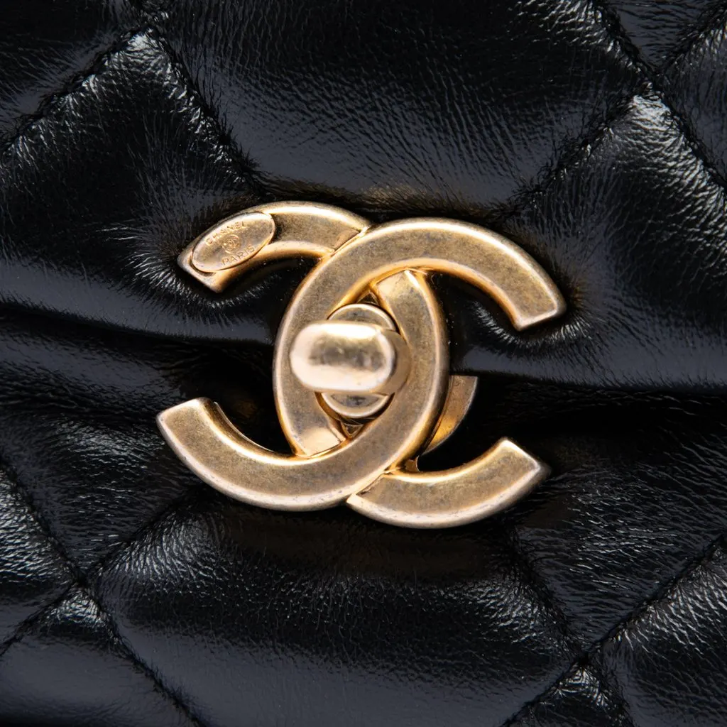 Chanel Small Quilted Lambskin Lacquered Chain Flap Black Leather Very good - Box View