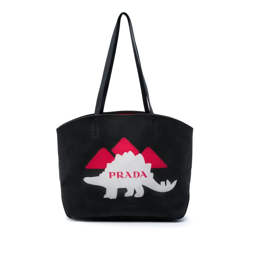 Prada Canvas Dinosaur Print Canapa Tote Black Very good - Front View