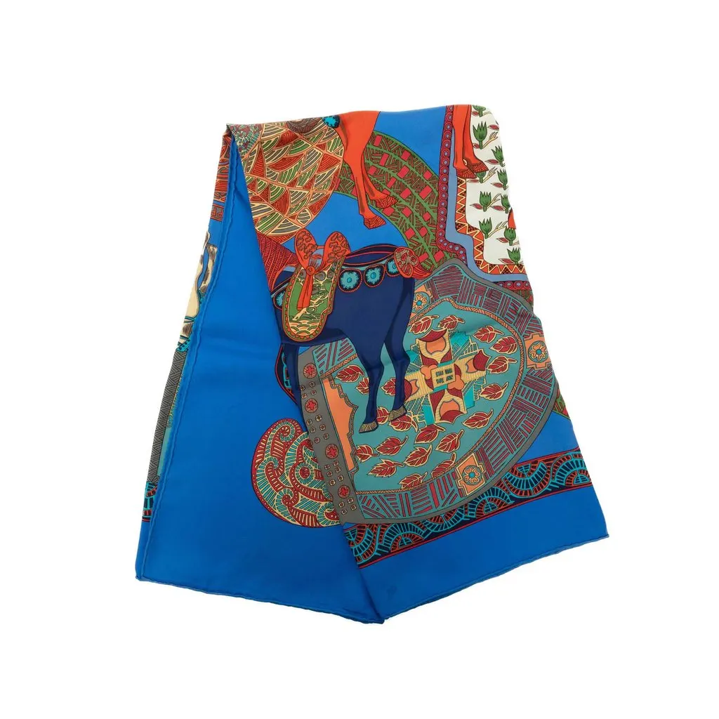 Hermès Art des Steppes Silk Scarf 90 Blue Silk Very good - Front View