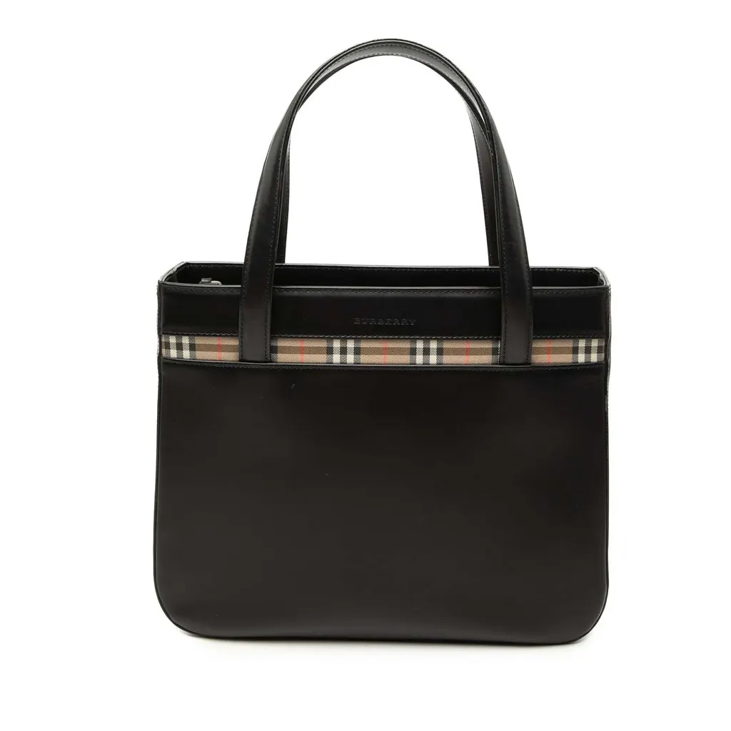 Burberry House Check Trimmed Leather Handbag Black Leather Very good - Front View