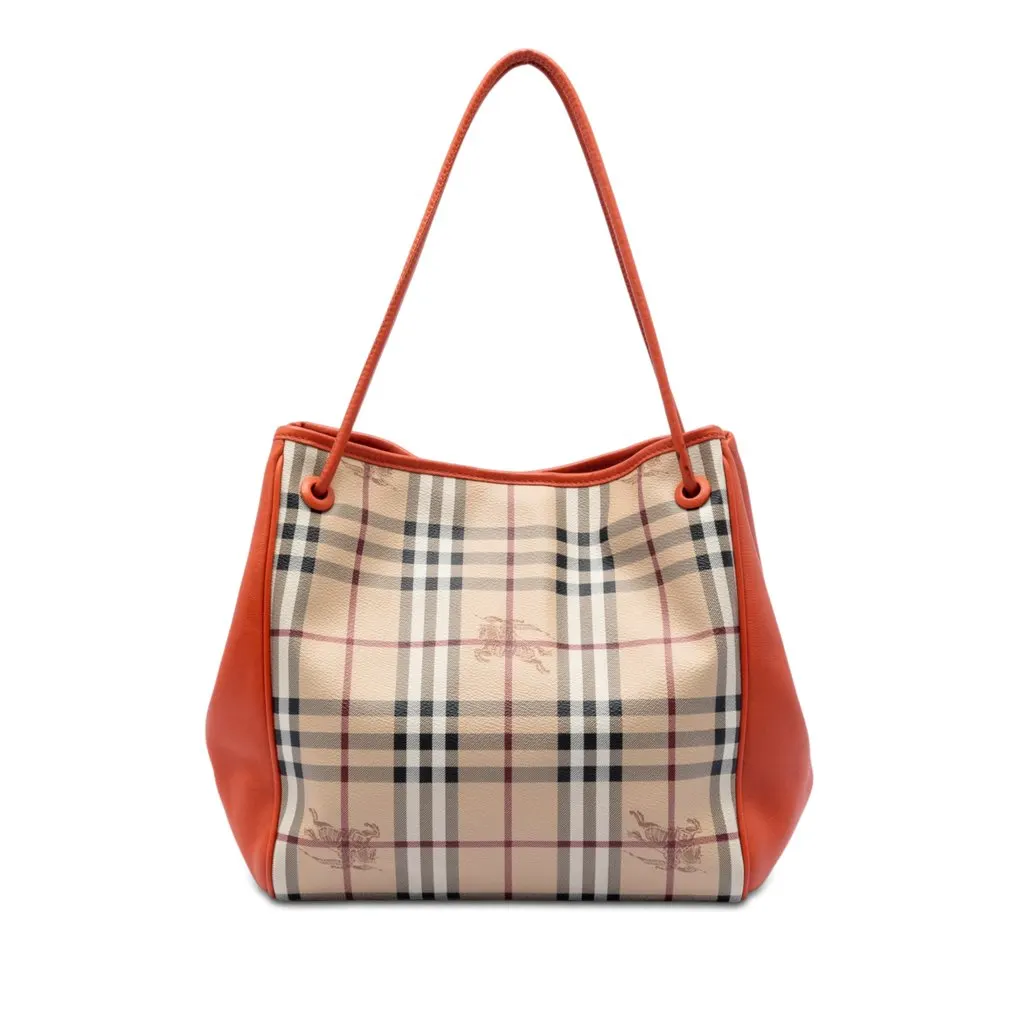 Burberry Small Haymarket Check Coated Canvas and Calfskin Canterbury Tote Beige Very good - Front View