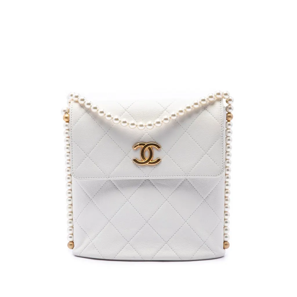 Chanel Small Quilted Calfskin About Pearls Hobo White Leather Very good - Front View