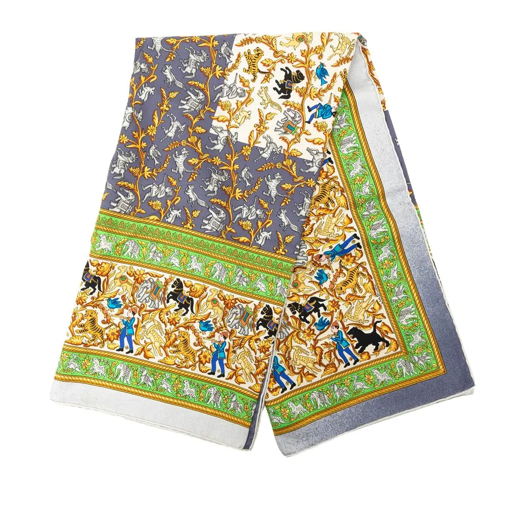Hermès Chasse en Inde Silk Scarf 90 Blue Very good - Front View