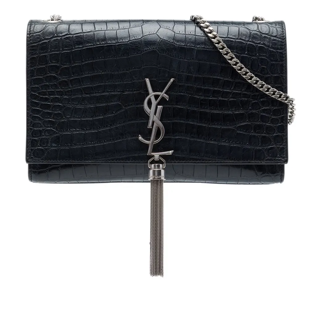 Saint Laurent Medium Croc Embossed Leather Monogram Kate Tassel Crossbody Black Leather Very good - Front View