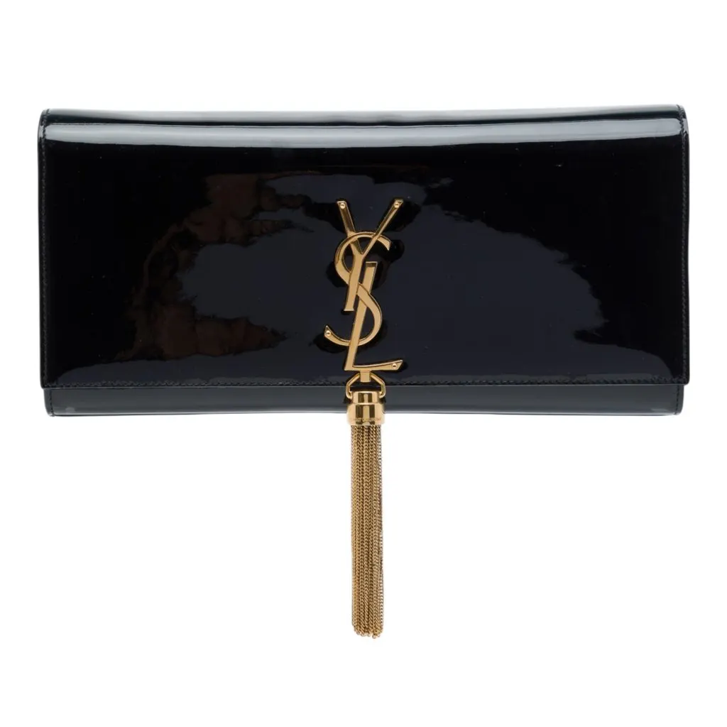 Saint Laurent Patent Cassandre Tassel Clutch Black Leather Very good - Front View