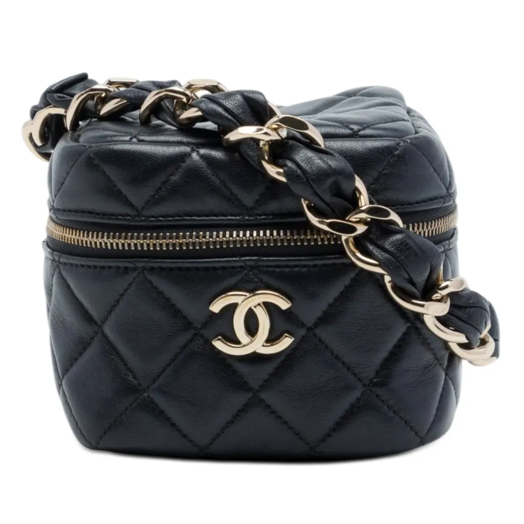 Chanel CC Quilted Lambskin Cube Vanity Bag Black Leather Very good - Front View